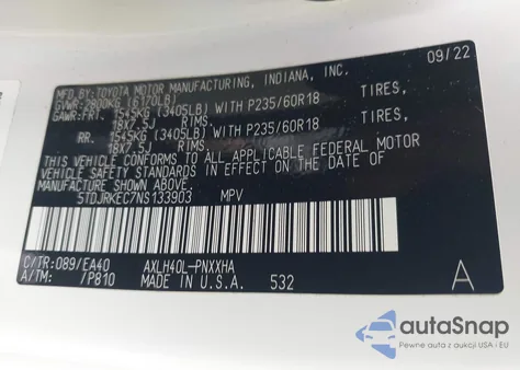 2022 Toyota Sienna Xle z USA, uszkodzony, nr VIN 5TDJRKEC7NS133903